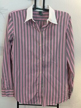 Ralph Lauren Pink Multi-Stripe Button-Up Shirt with White Collar